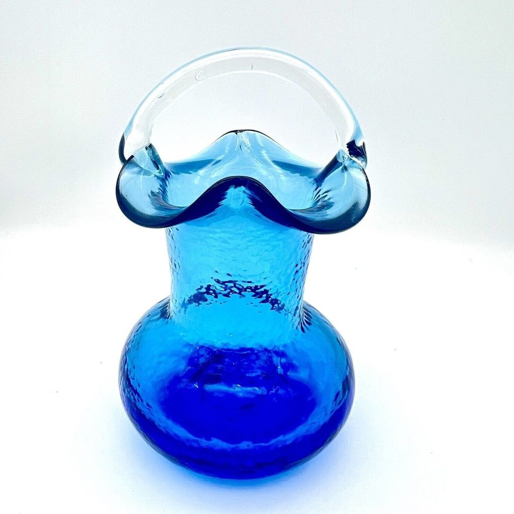 Vintage Cobalt Blue Art Glass Vase Basket Ruffle Rim Pontil Applied Handle 4.5" - Picture 3 of 6